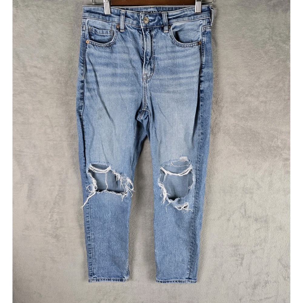 American Eagle Strigid Mom Jeans Women 4 Short Distressed Ripped High Rise Blue